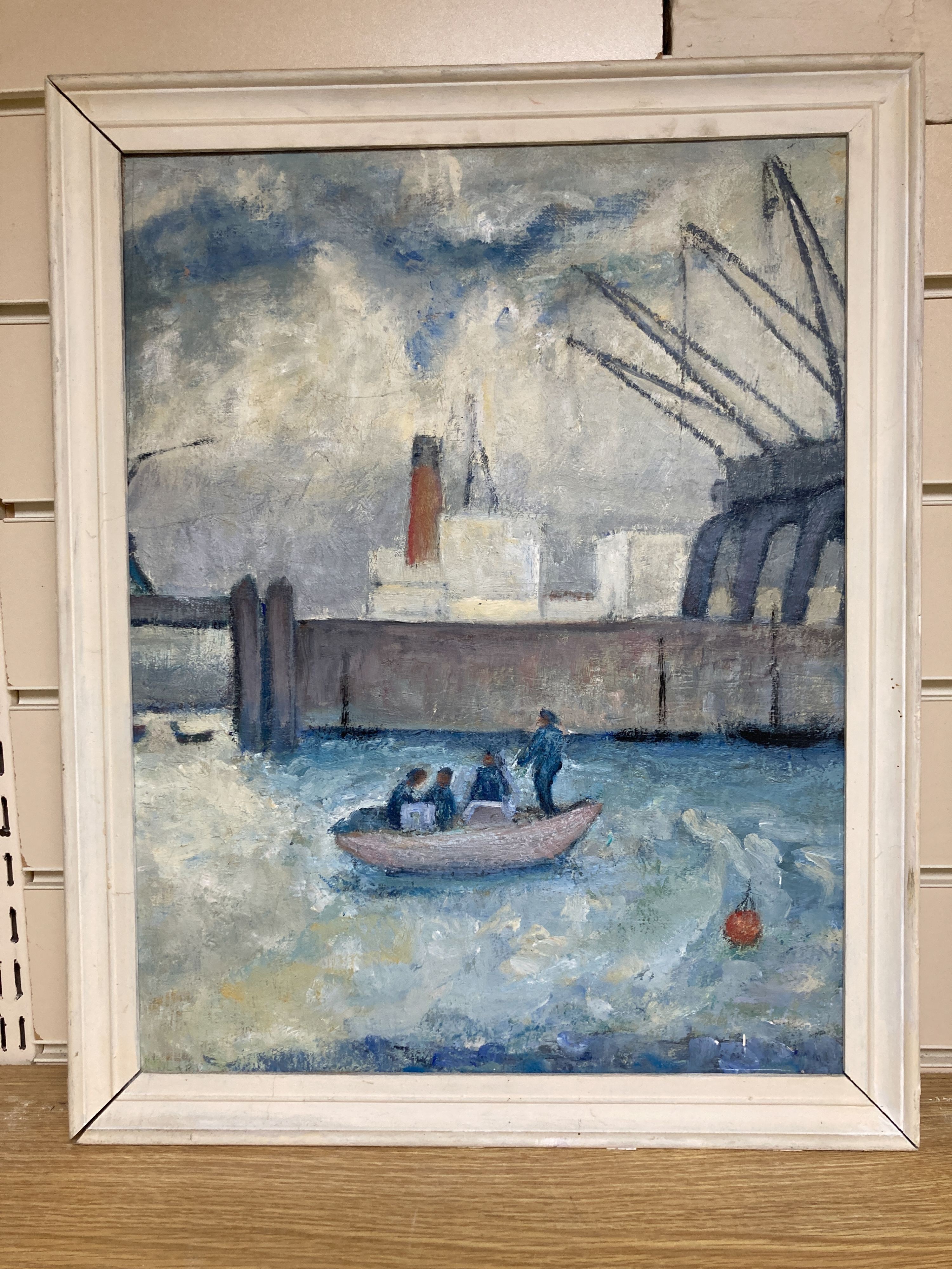 Myrta Fisher (1917-1999), oil on canvas laid on board, ‘Harbour Scene', inscribed verso, 44 x 34cm.